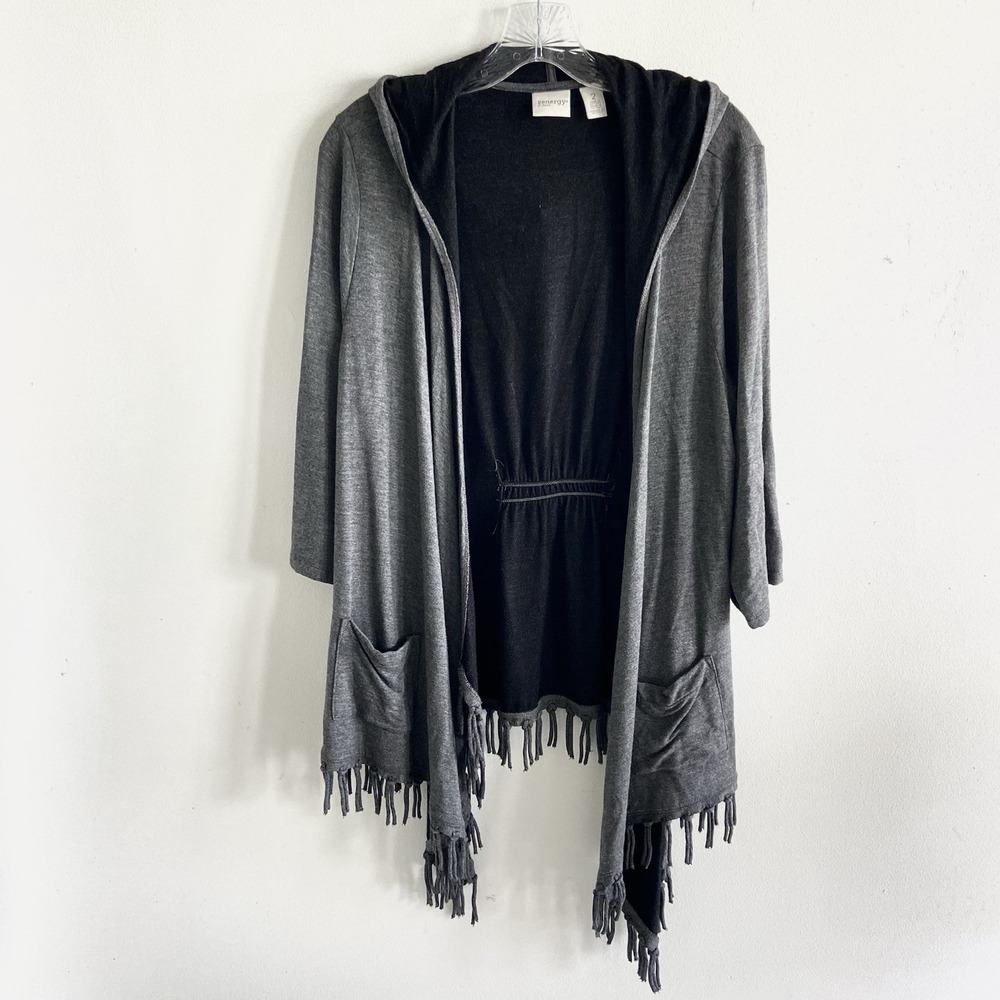 Zenergy By Chicos Sweater Women's 2 L Open Cardigan 3/4 Sleeve Gray Fringe Hood